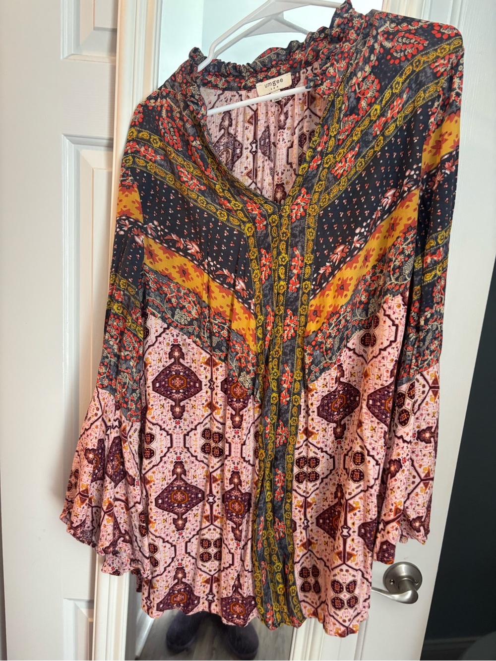 Umgee Long-Sleeve Boho Patchwork Tunic in Pink, Mustard & Black